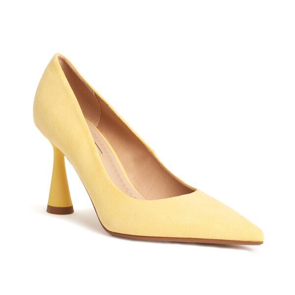 Yellow Suede Pointed Pumps with Flared Heel