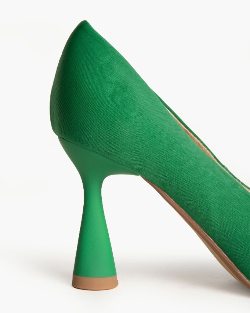 Green Satin Pointed-Toe Pump with Flared Heel