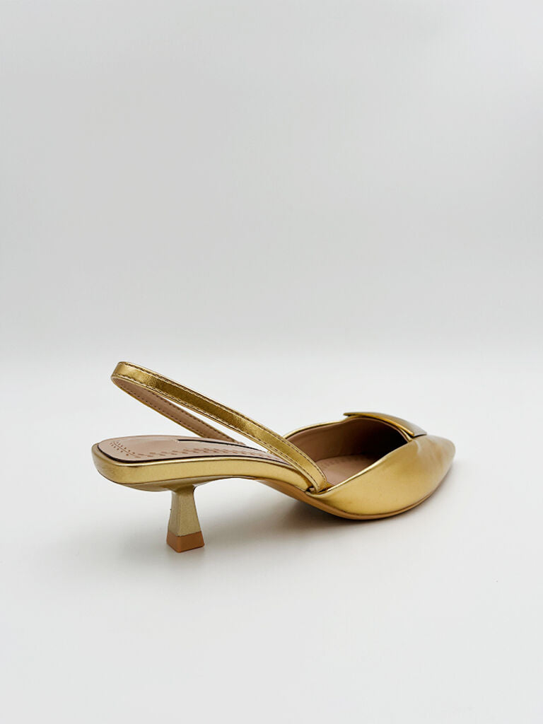 Gold Metallic Slingback Pump with Geometric Accent