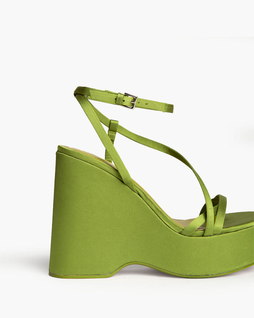 Olive Satin Wedge Sandal with Ankle Strap
