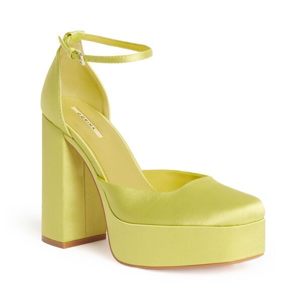 Lime Satin Platform Heels with Ankle Strap