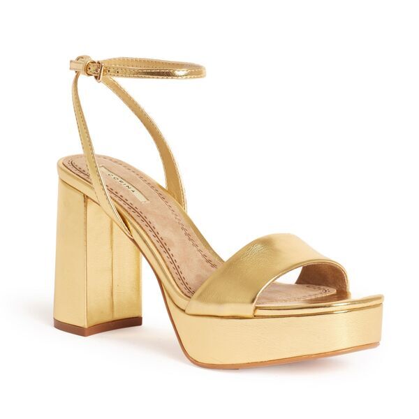 Gold Metallic Block Heel Sandals with Ankle Strap