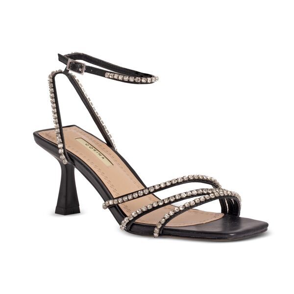 Black Strappy Heel Sandal with Rhinestone Details
