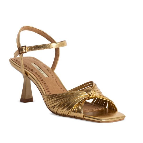 Metallic Strappy Mid-Heel Sandal with Knot Detailing