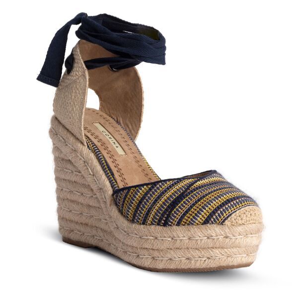 Navy Striped Espadrille Wedge with Ankle Tie