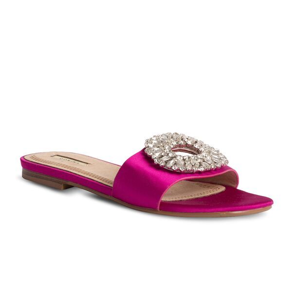 Fuchsia Satin Slide Sandals with Crystal Embellishment
