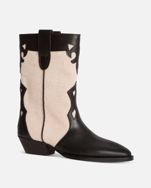 Black and Beige Leather Cowboy Boots with Cut-Out Detail