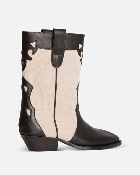 Black and Beige Leather Cowboy Boots with Cut-Out Detail