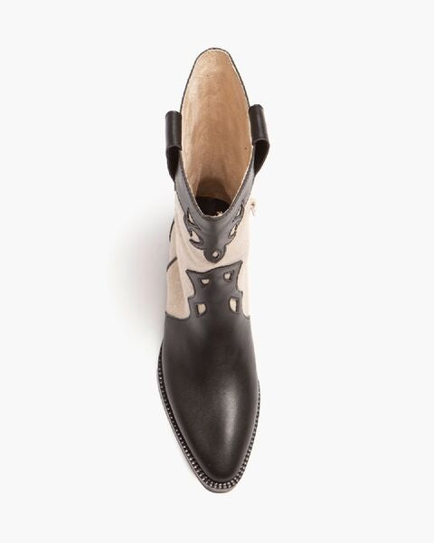 Black and Beige Leather Cowboy Boots with Cut-Out Detail