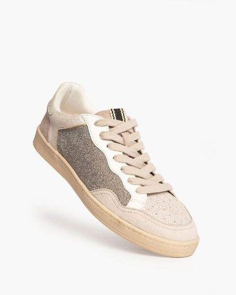 Beige Glitter Low-Top Sneakers with Textured Panels