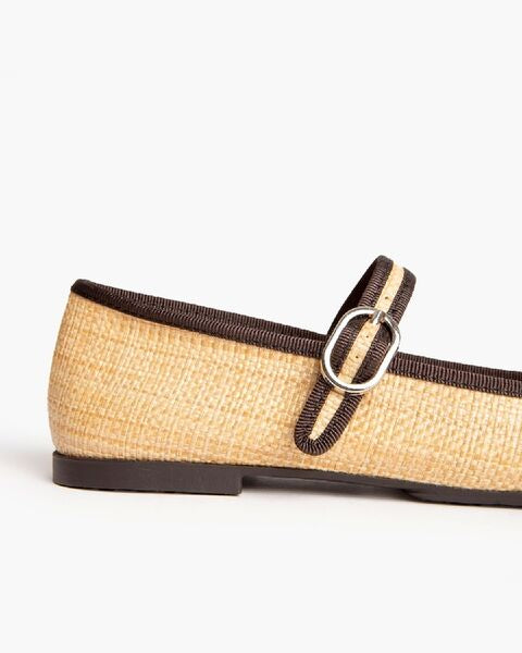 Beige Woven Mary Jane Flats with Buckle Detail