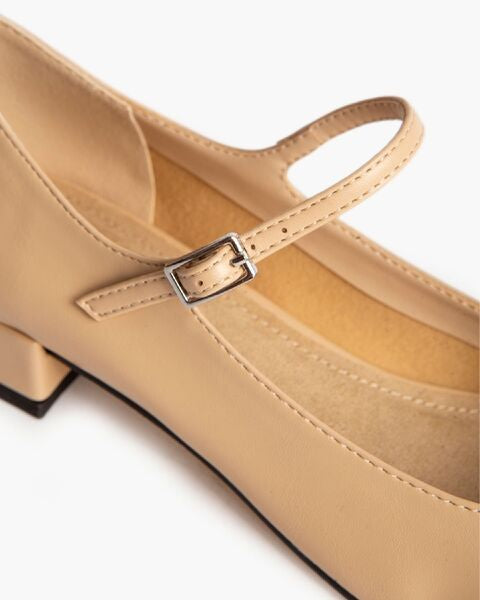 Beige and Black Leather Block Heel Mary Jane Shoe