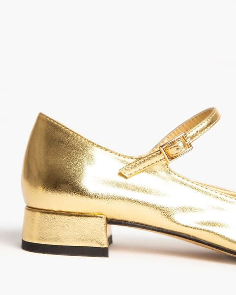 Gold Metallic Mary Jane Flats with Black Cap Toe