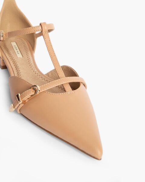 Tan Leather Pointed Toe Strappy Flats