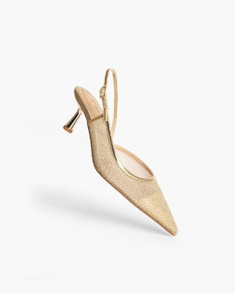 Gold Textured Slingback Heels with Kitten Heel