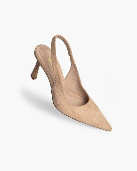 Beige Suede Slingback Mid-Heel Pointed Pump