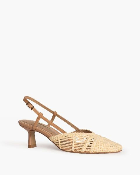 Beige Woven Slingback Kitten Heels