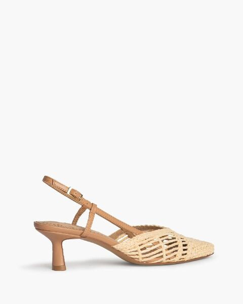 Beige Woven Slingback Kitten Heels