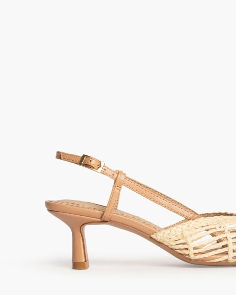 Beige Woven Slingback Kitten Heels