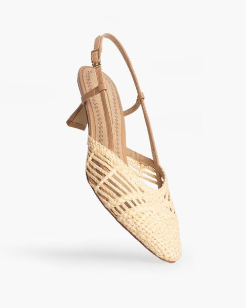 Beige Woven Slingback Kitten Heels