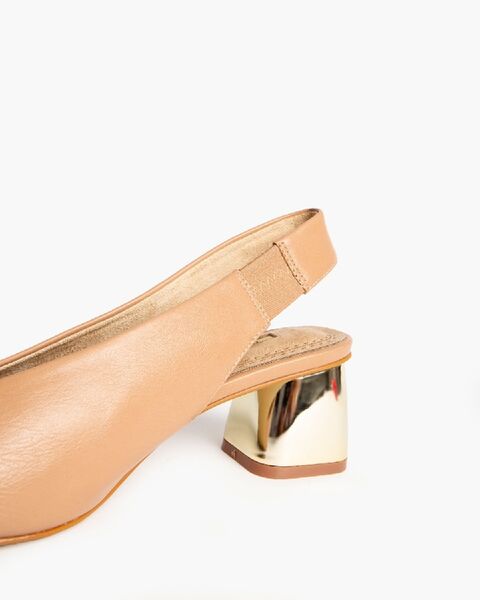 Tan Slingback Leather Pumps with Gold Block Heel