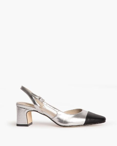 Silver Metallic Pointed Slingback Block Heel