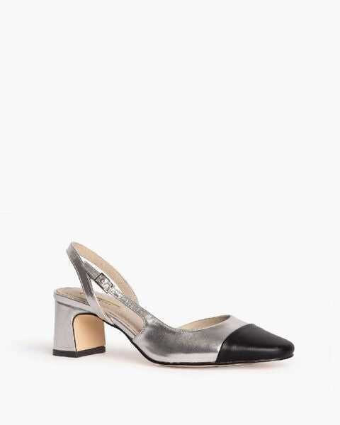 Silver Metallic Pointed Slingback Block Heel