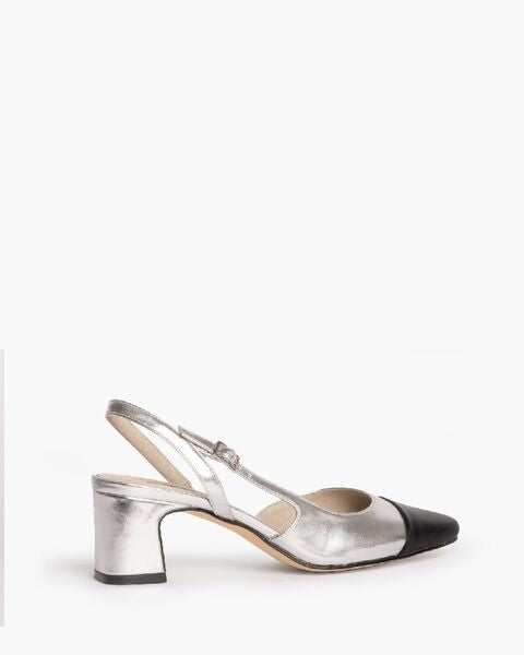 Silver Metallic Pointed Slingback Block Heel