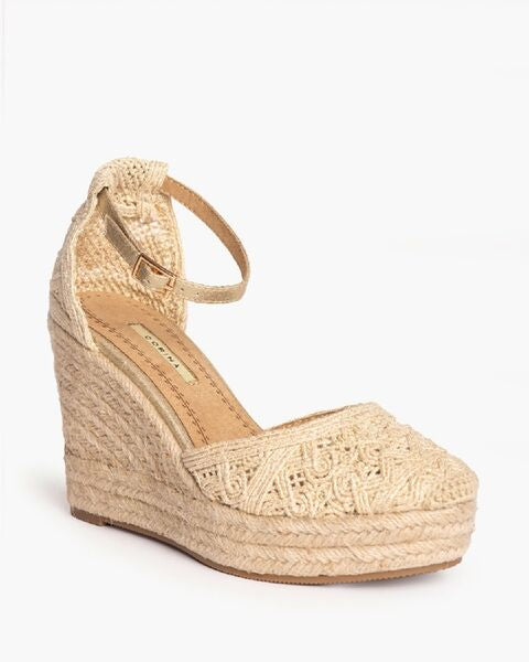 Beige Crochet Wedge Espadrilles with Ankle Strap
