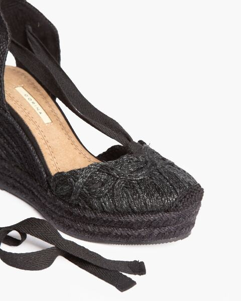 Black Espadrille Wedge with Ribbon Tie