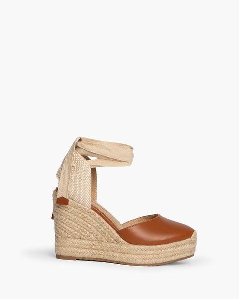 Brown Leather Espadrille Wedge Sandal with Ankle Tie