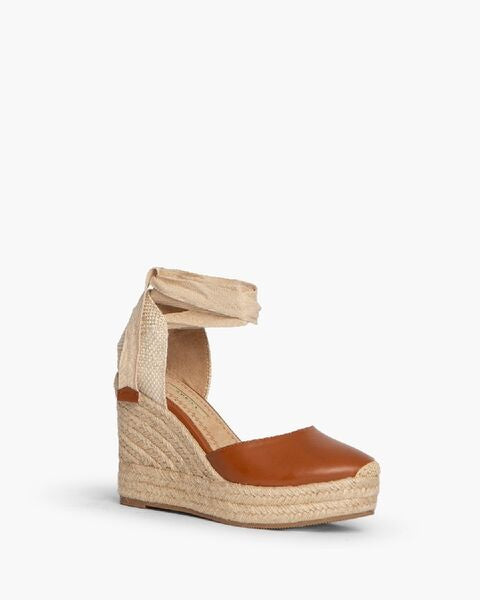 Brown Leather Espadrille Wedge Sandal with Ankle Tie