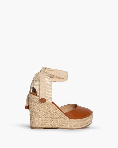 Brown Leather Espadrille Wedge Sandal with Ankle Tie