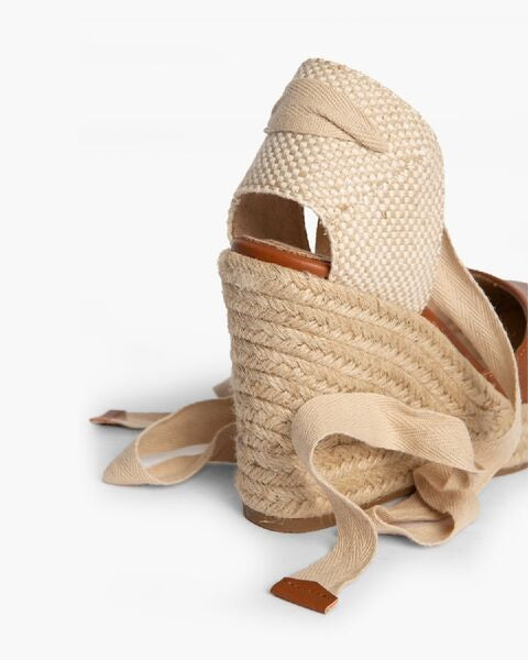 Brown Leather Espadrille Wedge Sandal with Ankle Tie