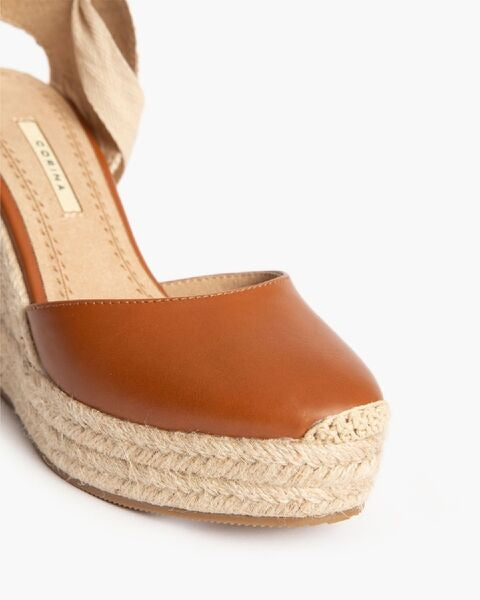 Brown Leather Espadrille Wedge Sandal with Ankle Tie