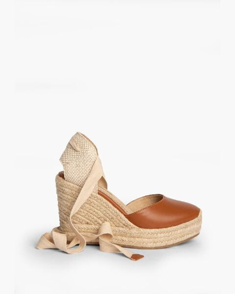 Brown Leather Espadrille Wedge Sandal with Ankle Tie