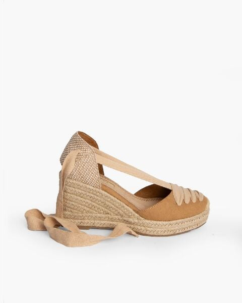 Beige Espadrille Wedge Sandals with Ankle Tie