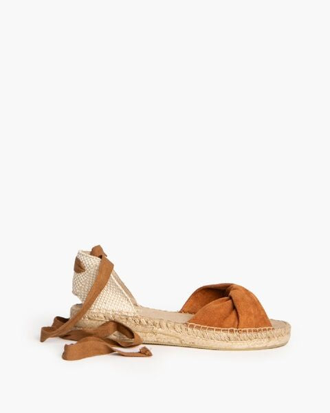 Cognac Suede Espadrille Sandals with Ankle Wrap