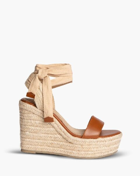 Tan Wedge Sandals with Ankle Tie