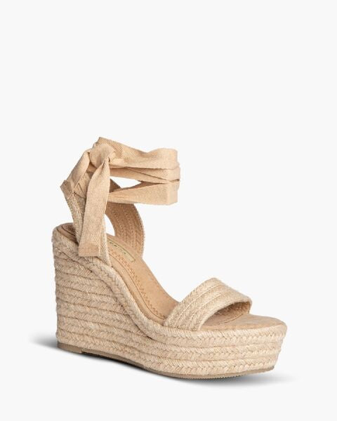 Beige Espadrille Wedge Sandals with Ankle Tie