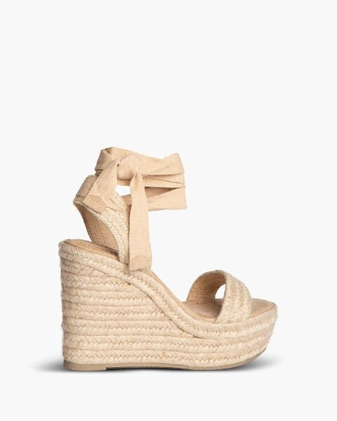 Beige Espadrille Wedge Sandals with Ankle Tie