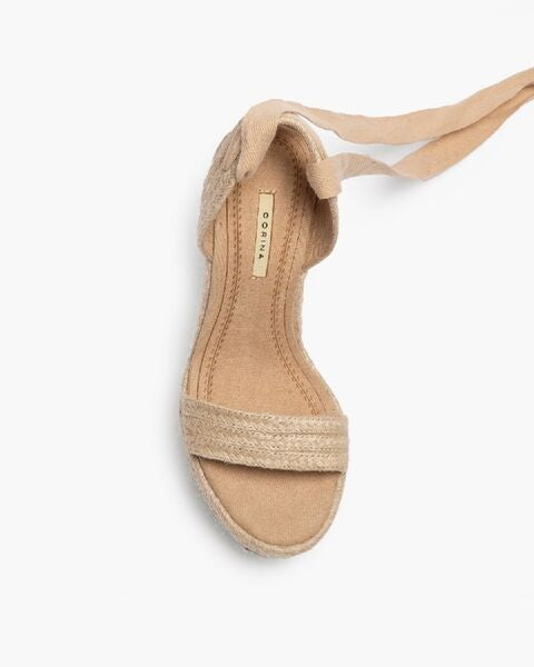 Beige Espadrille Wedge Sandals with Ankle Tie