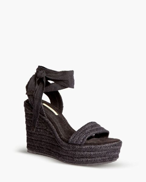 Black Woven Wedge Sandal with Ankle Tie