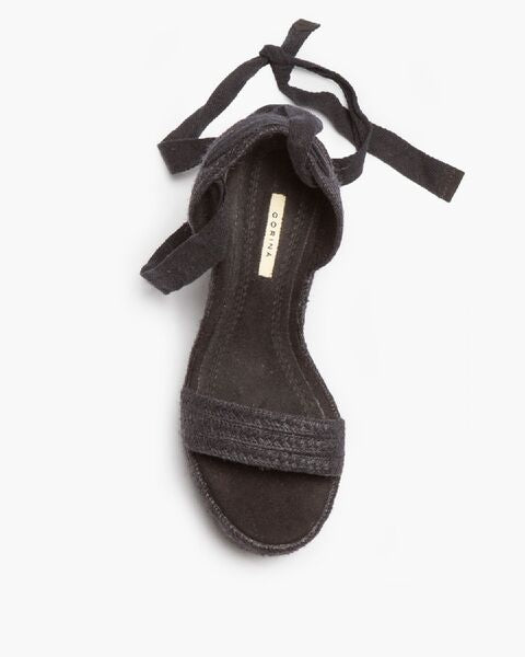 Black Woven Wedge Sandal with Ankle Tie