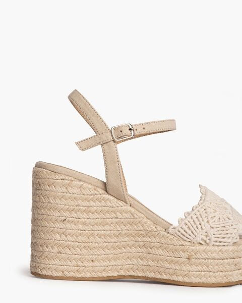 Beige Woven Wedge Sandals with Ankle Strap