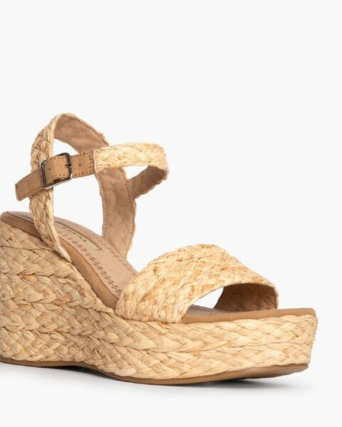 Natural Woven Wedge Sandal with Buckle Strap