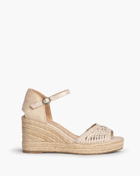 Beige Textured Wedge Sandal with Ankle Strap