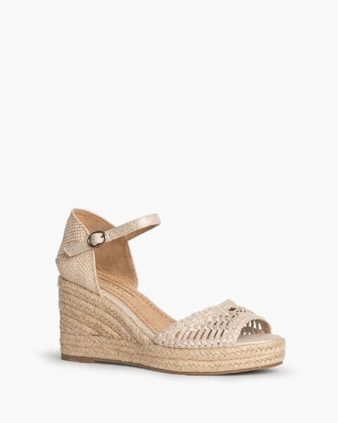 Beige Textured Wedge Sandal with Ankle Strap