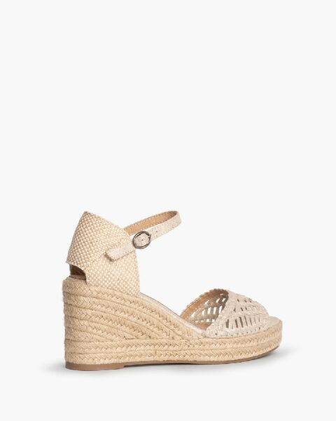 Beige Textured Wedge Sandal with Ankle Strap