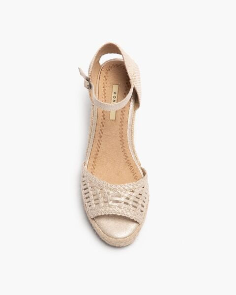 Beige Textured Wedge Sandal with Ankle Strap